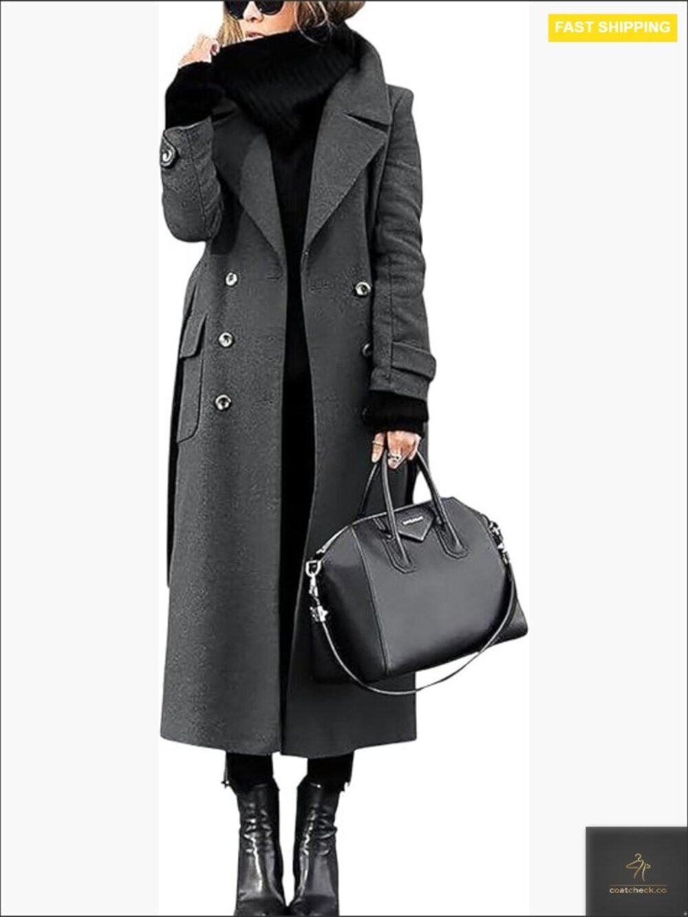 Wool Blend Pea Coat Double Breasted Classic Elegant Winter Overcoat Ankle Length